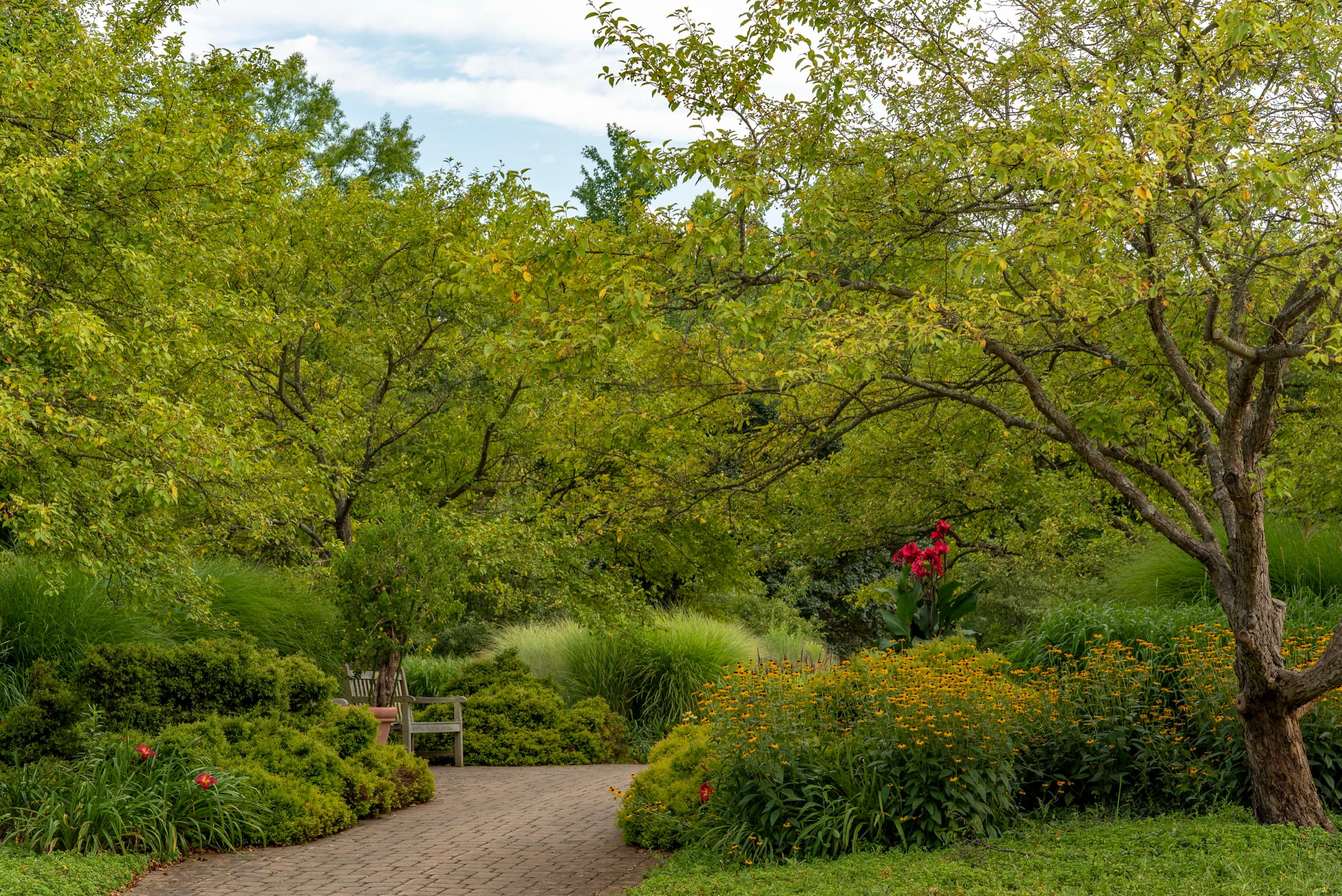 A brick garden path winding past lush summer plantings at Inniswood Metro Gardens
