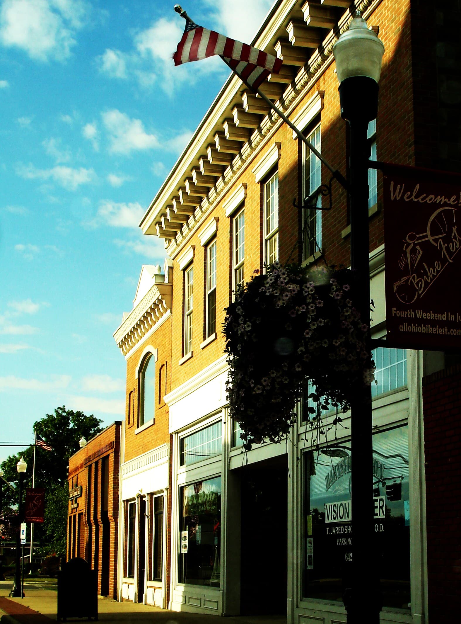 Historic brick storefronts along Main Street in Uptown Marysville, Ohio