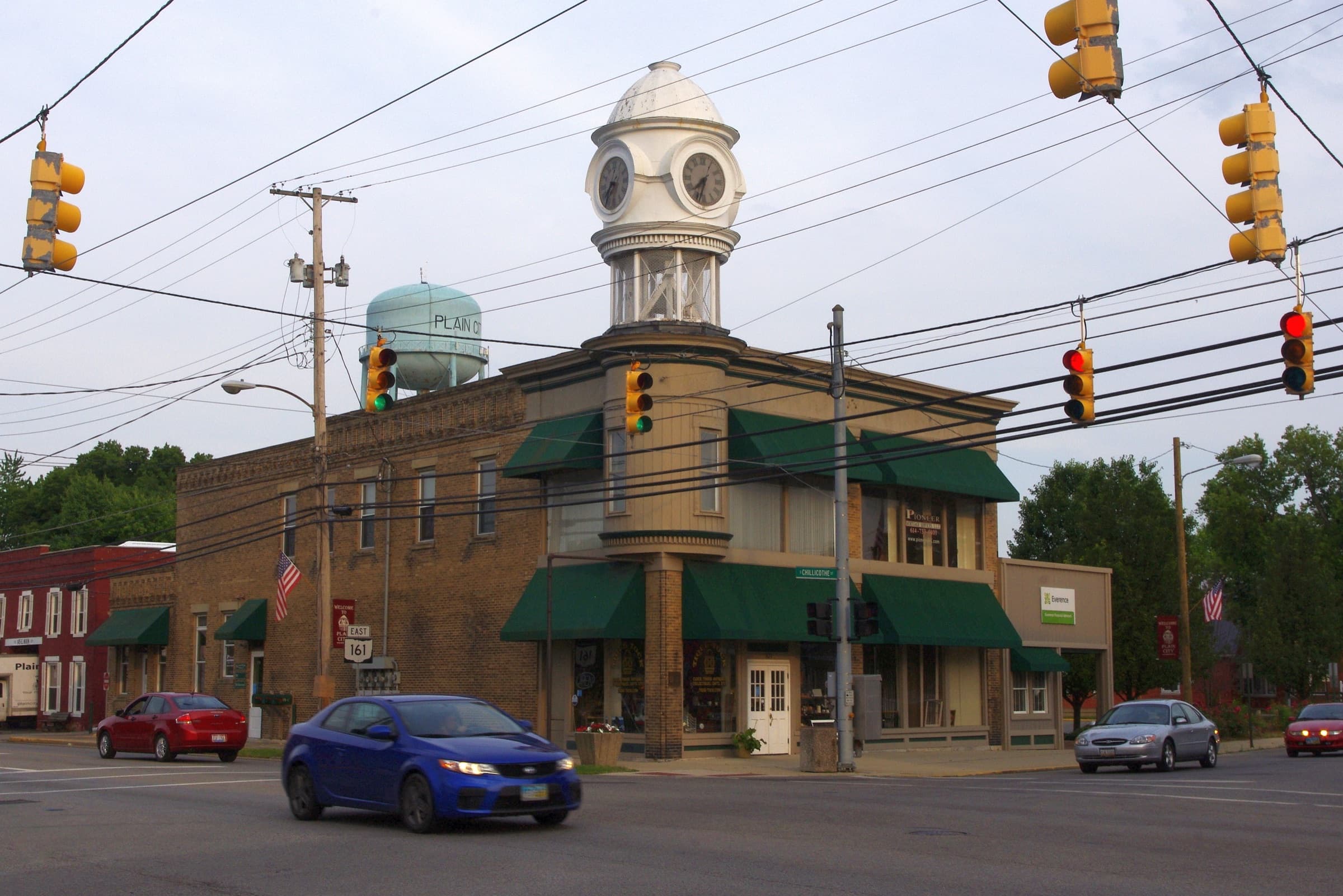The 1902 tower clock building at the main intersection in uptown Plain City, Ohio